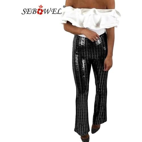 SEBOWEL Basic Hight Waist Woman Elastic Sequin Striped Pants Trousers Size S-XL Autumn Spring Female Ladies Pants for Nightclub