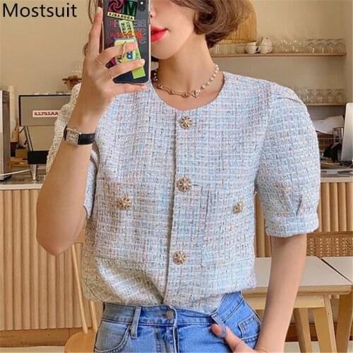 Tweed Korean Vintage Women Coat Summer Short Sleeve O-neck Single Breasted Pockets Ladies Fashion Jacket Tops Femme 2021