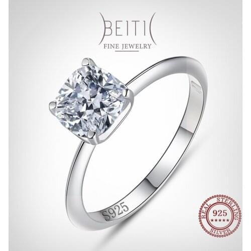 Beitil Real 925 Sterling Silver Classic Simple Square Zircon Finger Ring For Women Engagement Wedding Band Promise Ring