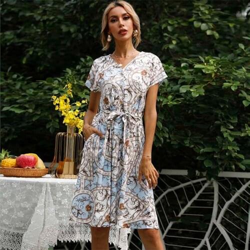 Casual Dress Summer 2021 Women Clothes Print Short Sleeve V Neck Pocket High Waist Dresses Female Bandage Button Dress