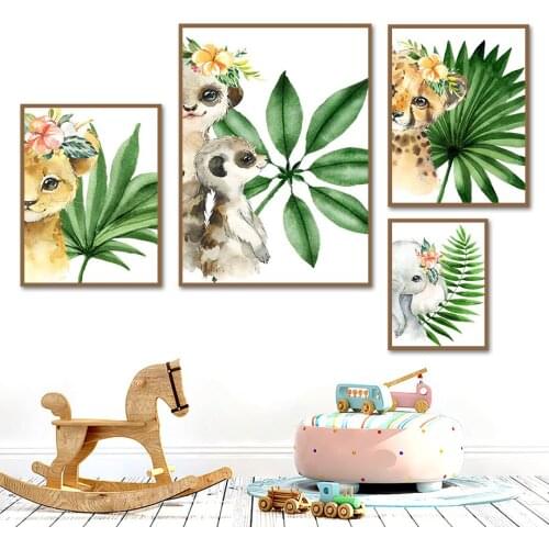 Giraffe Zebra Elephant Monkey Rhino Flower Leaf Wall Art Canvas Painting Nordic Posters And Prints Wall Pictures Kids Room Decor