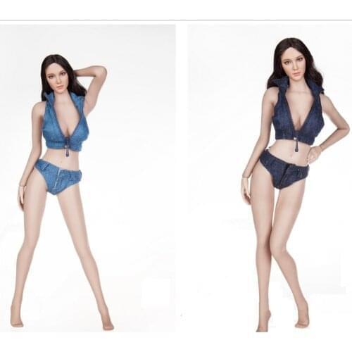1/6 Scale 12 inch Female Doll Clothes - Zip Up Sleeveless Denim Crop Tops, Mini Hot Jeans Set