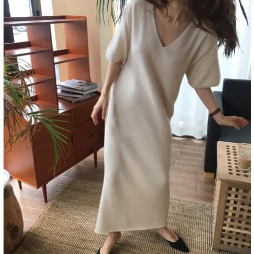 2021spring Super Long Cashmere Knitting Dress Over-the-knee Loose Hair Dress Render Temperament Dress with Short Sleeves