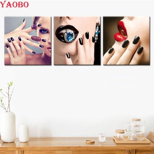 5D Diy Diamond Painting Cross Stitch Make-up woman Diamond Embroidery Full Round Square Mosaic Kit Decoration Resin Sticker 3PCS