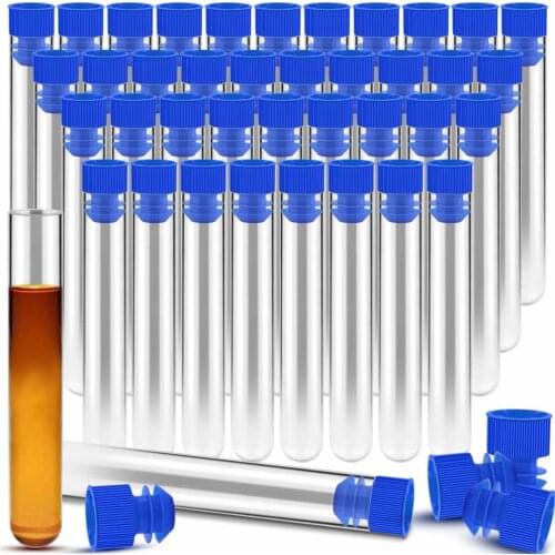 50 Pcs 13ml Clear Plastic Test Tubes with Blue Cap, 16x100mm Vials Container Sample Tubes for Liquid, Scientific Experiments