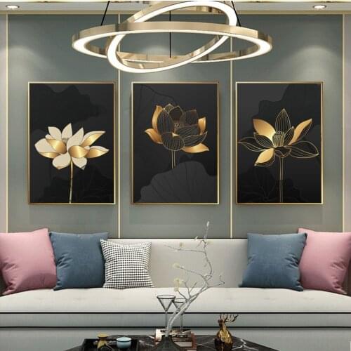 Abstract Black Golden Lotus Plant Canvas Oil Painting Wall Art Poster Print for Stairs Living Room Background Home Decor Cuadros