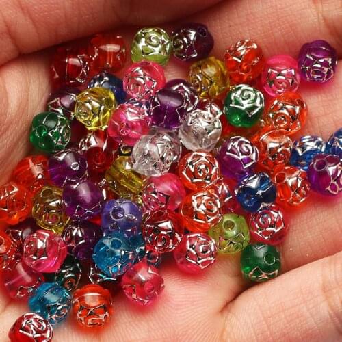 Mixed Transparent Colorful 100pcs 5x6mm Silver Carved Rose Shape Acrylic Loose Spacer Beads For Jewelry Making DIY Accessories