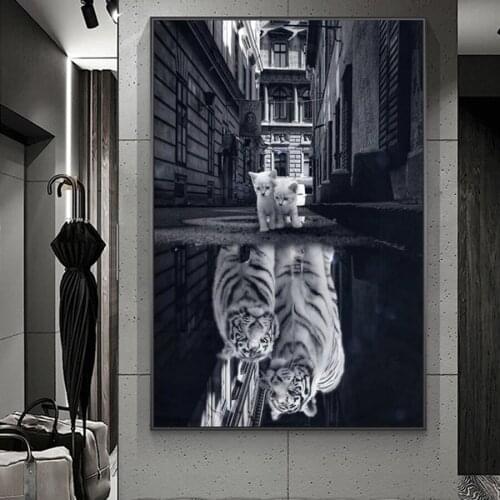 White Cats Reflected Tigers Animal Diamond Art Decorative Painting Posters Full Diamond Painting Pictures for Living Room Decor