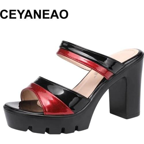 CEYANEAO Plus Size 32-43 Peep Toe Mix Color Platform Slides 2021 Summer Elegant High Heels Slippers Women Party Office Footwear