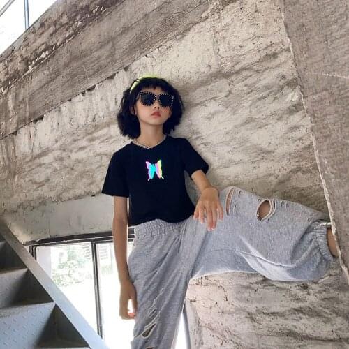 Childrens clothing girls summer short T-shirts big children parent-child wear colorful reflective exposed navel wild knit top