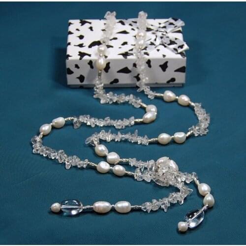 Hot sell Open style natural white rice freshwater pearl white crystal sweater long chain necklace fashion jewelry