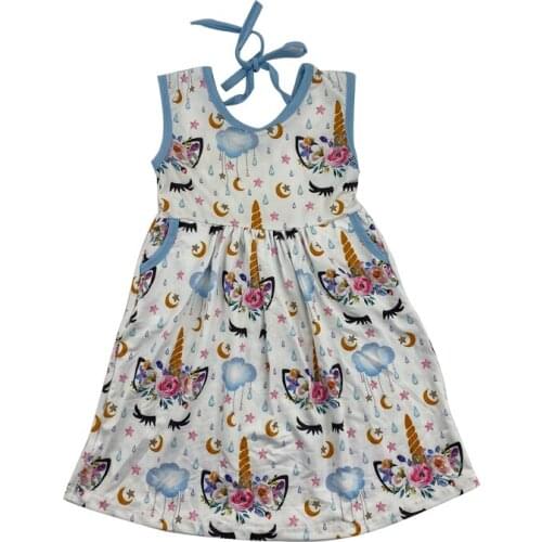 Hot selling sky blue closed eye unicorn print pretty girl sleeveless dress