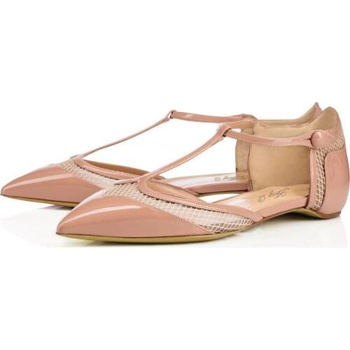 Patchwork Flat With Pumps T Strap Newest Fashion Air Mesh Patent Leather Dress Ladies Shoes Sexy Pointed Toe Buckle Casual Shoes