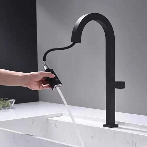 Matt Black Square Kitchen Pull Out Faucet Deck Mounted Stream Sprayer Nozzle Kitchen Sink Hot Cold Mixer Taps