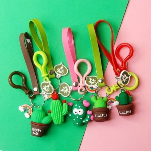Cute Sweet Cactus Barbary Fig Rubber wristband Rainbow Keychain For Women Trinket Key Chains Ring Car Bag Pendent Charm D357