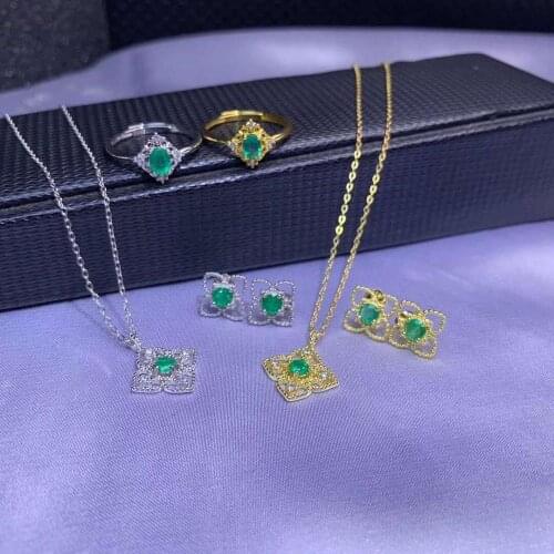 Real Natural Emerald jewelry set Natural Real Emerald 925 sterling silver 1pc pendant,1pc ring,2pcs Earring
