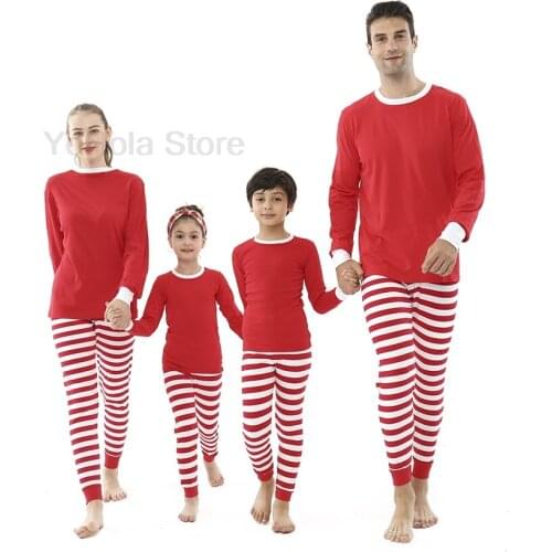 Full Sleeve Mother Kids Pajamas Cotton Set Red White Stripe Christmas Style Family Look Fashion Casual Sleepwear for 2-12 Years
