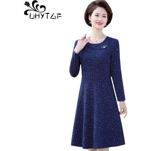 UHYTGF 5XL plus size dresses women fashion V-neck pullover Spring autumn dress women Elegant mom casual long dress sukienki 1361
