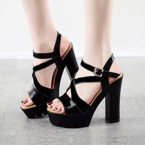 Big Size 32-43 Block Heel Gladiator Sandals Women Shoes Summer 2021 Open Head High Heels Patent Leather Sandals Wedding Shoe