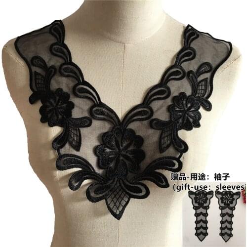 High quality Black Flower Pattern Organza Embroidery Collar Venice Neckline Applique Lace Fabric Sewing Supplies Accessories