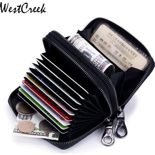 WESTCREEK Brand Genuine Leather RFID Women Double Zipper Plaid ID Card Holder Men Cow Leather Credit Card Holder