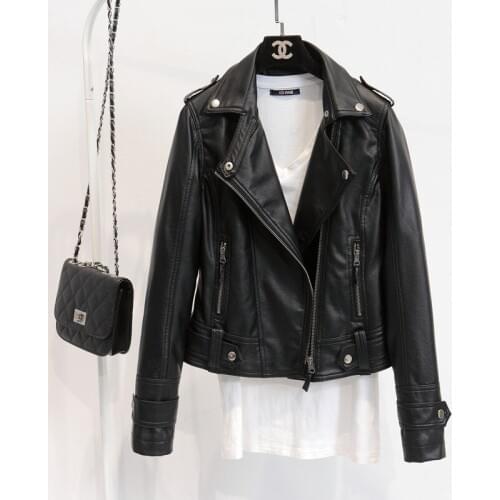 Spring Autumn Leather outerwear Women s Rivet Zipper Motorcycle Faux Leather slim Coat Female Paragraph Lapel PU short Jacket