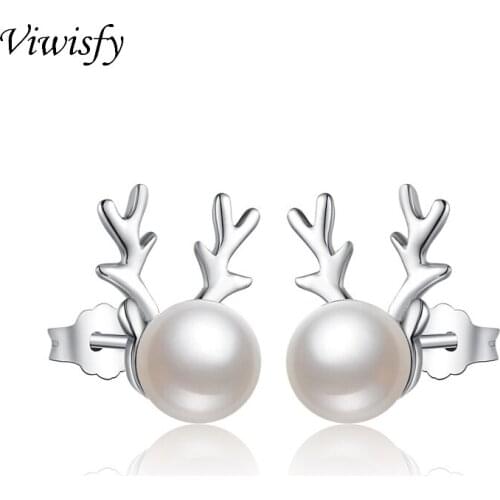 Viwisfy Solid 925 Sterling Silver Earrings For Girl Vintage Cute Antlers Pearl Stud Earrings Women VW21042