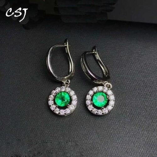 CSJ Natural Columbia Emerald Earrings Real 925 Silver Round 4mm Fine Charm Jewelry for Women Gift