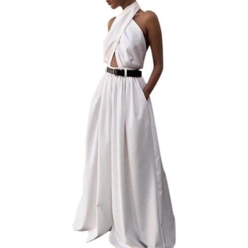 Womens Jumpsuit Sexy Sleeveless Halter Jumpsuit White Backless Pants Temperament Elegant Wide Leg Pants L