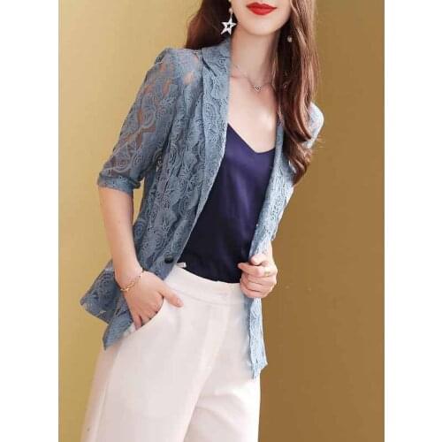 2019 Summer New Lace Thin Section Jackets Womens Single-Breasted Slim Lapels Hollow Five-point Sleeve Coat Womens Clothing