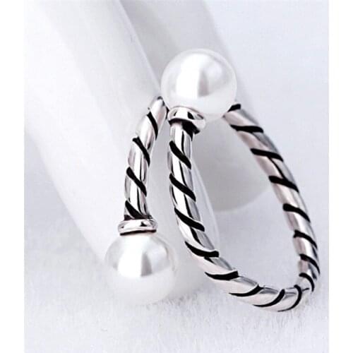 Womens Retro Geometric Twisted Rope Style Double Pearls Opening Ring Adjustable Ladies Fashion Jewelry R0178