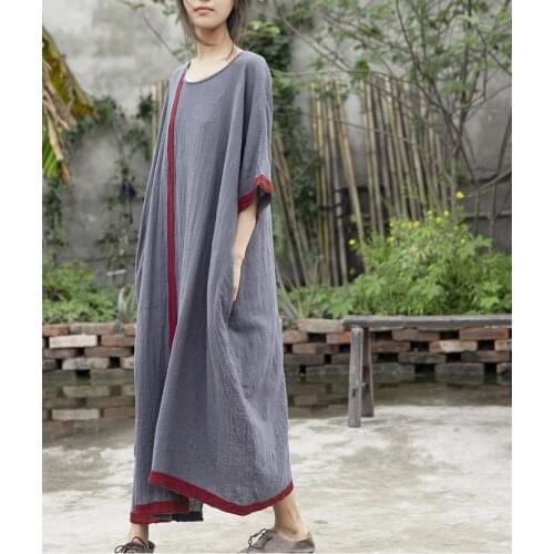 Women Loose Summer Patchwork Dress Ladies Vintage Cotton Linen Plus Size Robe Dress Female 2020 Irregular Length Dresses