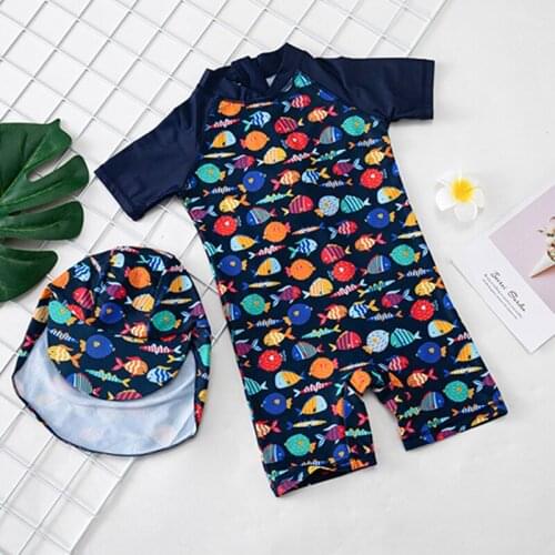 2021 Summer Baby Boys Swim Suit One Piece With Cap Toddler Child Swimwear Fused Cartoon Bathing Kid Swimming Children Swimsuits