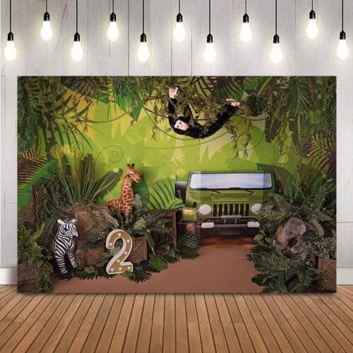 2nd Birthday Safari Animals Backdrop for Photography Newborn Kids Two Wild Portrait Cake Smash Background for Photo Studio Car