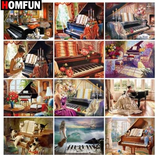 HOMFUN Diamond Painting Full Square/Round Diamond "Piano woman flower" Pattern Embroidery Cross Stitch 5D Rhinestone Painting