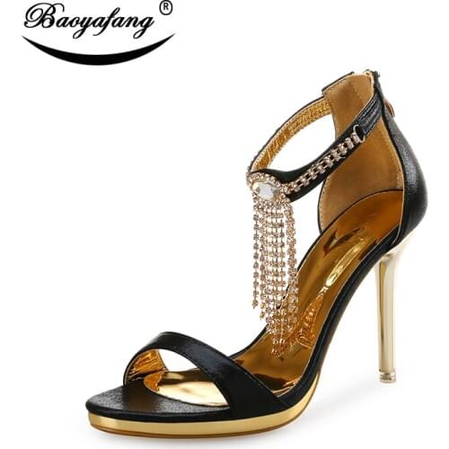 BaoYaFang 2018 New Arrival Summer Sandals Crystal Tassel Ladies Sandals Gold Metal Heel Female Party Sandals women wedding shoes