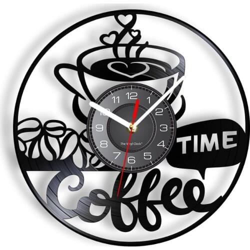 Coffee Refreshing Time Vinyl Record Wall Clock Cafe Latte Art Hanging Non-Ticking Wall Watch Gifts For Cafe House and Barista