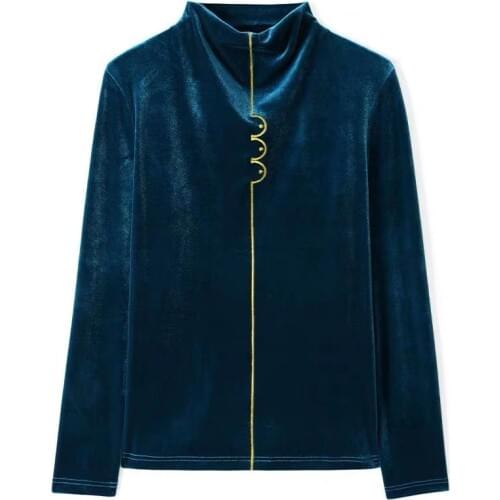 Black gold velvet bottoming blouse womens new long sleeve temperament half high neck slim show thin top