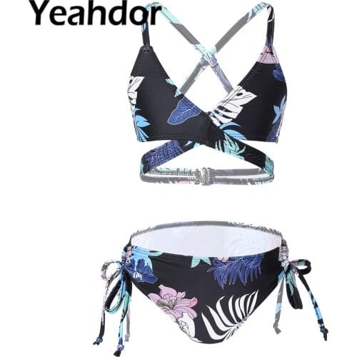 Kids Girls Floral Printed Swimsuits Bikini Set Criss Cross at Rear Swimwear Beachwear Children Swimming Outfits Bathing Suits