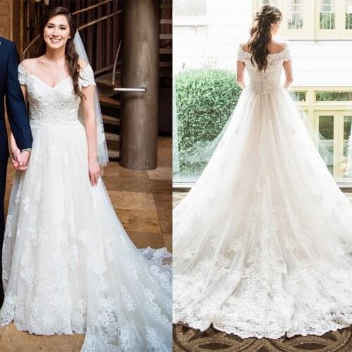 Appliques Beaded Long Wedding Dresses 2020 Off the shoulder Lacing Bridal Gowns Beach Boho Princess Wedding Party Gowns Vestidos