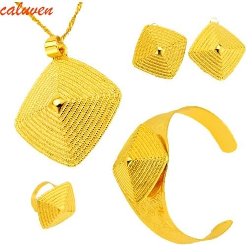Ethiopian Gold Color Jewelry Sets for Women Habesha Jewelry Earring Ring Pendant Bangle sets Screw Cap Wedding Bride Jewelry Set