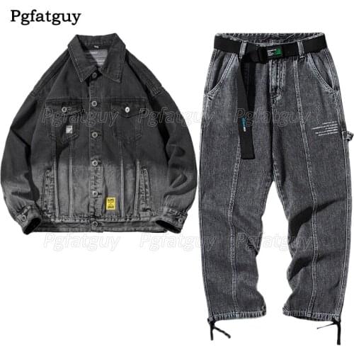 Autumn Winter Mens Denim Two Piece Set Gradient Jacket and Loose Straight Jeans Sets Male Casual Vintage Ropa Hombre Streetwear
