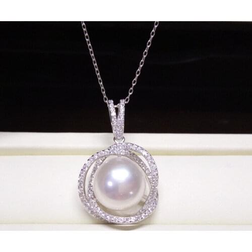 Lovely 11-12mm south sea white flat pearl necklace pendant silver 18inch