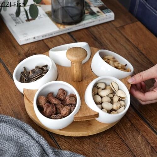 Creativity Ceramic Grid Fruit Plate Round Wooden Bottom Modern Style Home Dried Fruit Snack Candy Snack Platter Storage Box