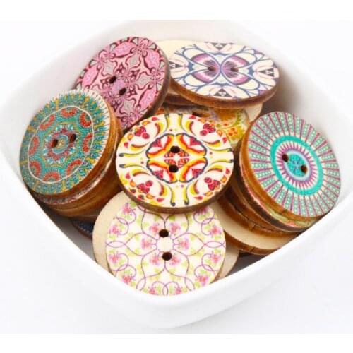 Mix Flower Pattern Round Wooden Buttons Handmade Accessories Decoration Sewing Scrapbooking Crafts DIY 25mm 20pcs