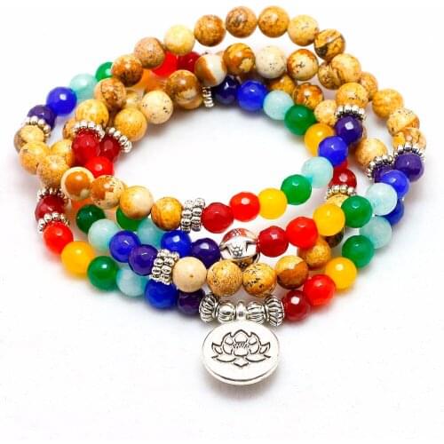 Natural Picture Stone 7 Chakra 108 Mala Strand Bracelet or Necklace Yoga Mala Buddha Bracelet For Women Men Jewelry