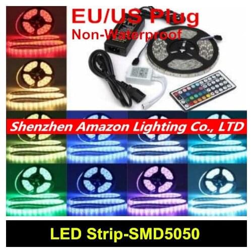 Non Waterproof 5050 RGB LED Strip 5M 300 Led SMD 44 Keys IR Remote Controller 12V 5A Power Adapter Flexible Light Free Shipping
