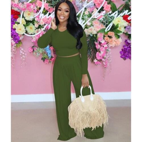 Solid Color Bucket Pants 2pcs Suit Round Neck Long Sleeve T Shirt Top+Casual Floor Length Wide Leg Trousers Palazzo Long Pants