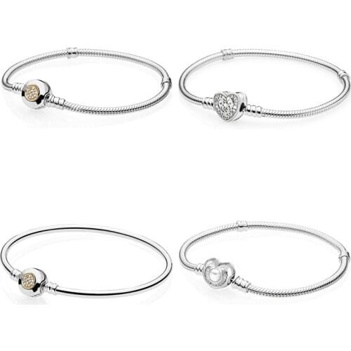 Original MOMEMTS Two-Tone Crystal Wishful Heart Snake Chain Bracelet Fit Europe Bangle 925 Sterling Silver Charm Jewelry