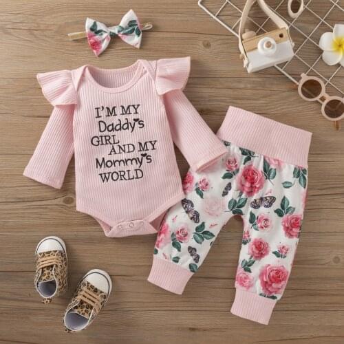 Autumn Winter Ruffle Baby Girl Clothes Knitted Letter Bodysuits Infant Floral Print Pants Headband 3Pcs Toddler Girl Outfit Set